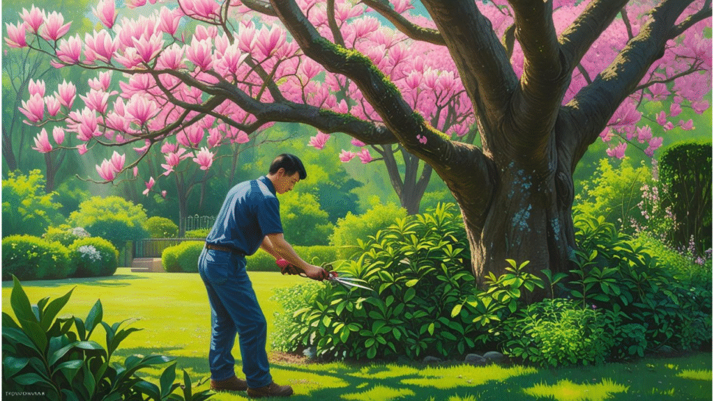 Person pruning a magnolia tree in a garden, promoting healthy growth and vibrant blooms.