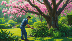 Person pruning a magnolia tree in a garden, promoting healthy growth and vibrant blooms.