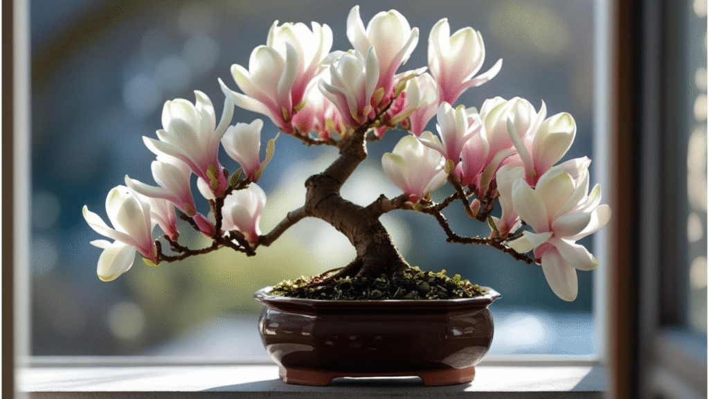 "Magnolia Bonsai Tree in full bloom with delicate white and pink flowers on a windowsill."