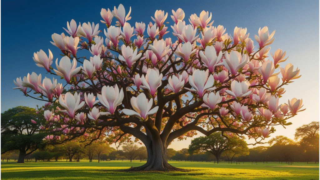 "Magnolia tree in full bloom under the Texas sun, symbolizing thriving growth in Texas gardens."