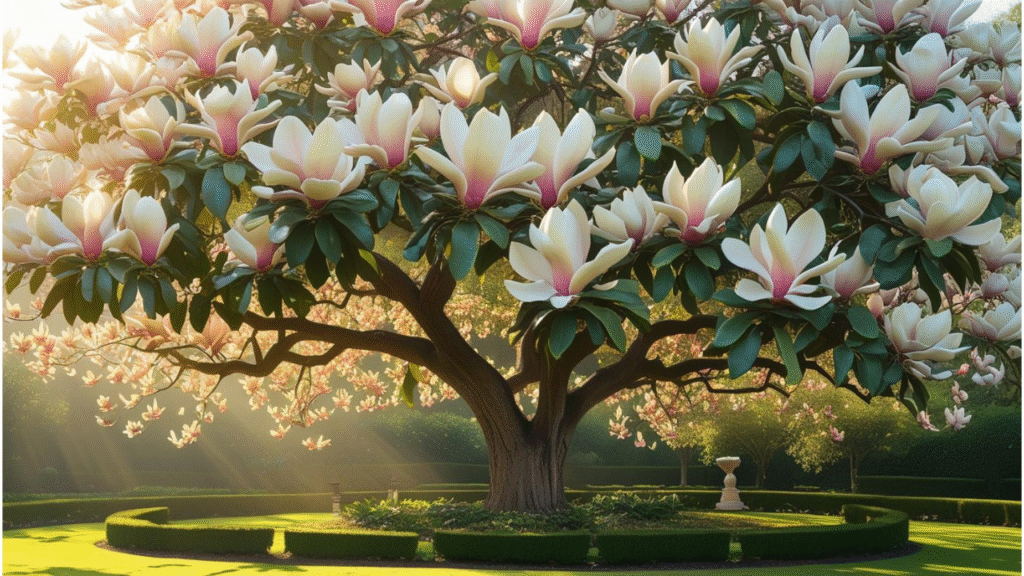 "Magnolia tree in full bloom with vibrant flowers and glossy green leaves in a garden"