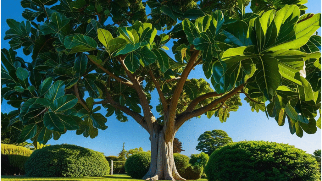 “Vibrant pecan nut tree with dark green leaves in a sunlit garden, symbolizing healthy tree care.”