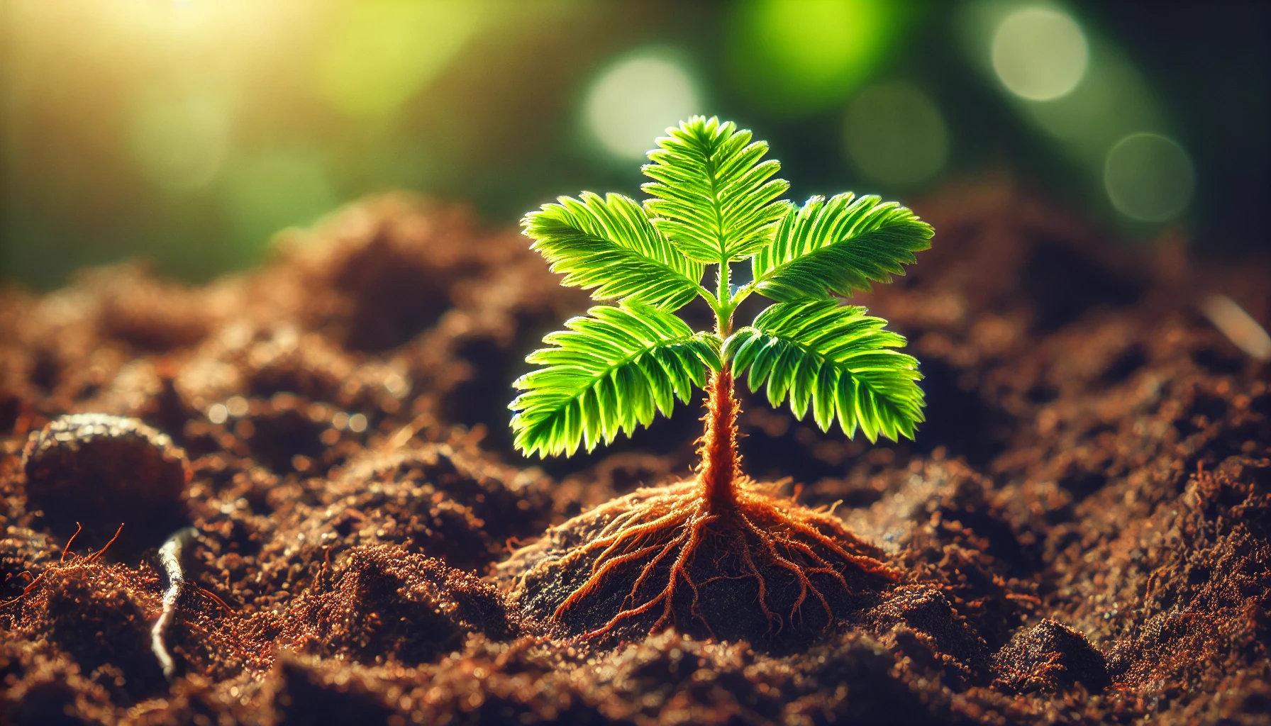 A young green plant with fern-like leaves grows from rich, dark soil, basking in soft sunlight with a bokeh background.
