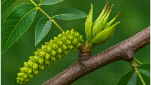 "Close-up of male and female pecan tree flowers blooming on the same tree, illustrating the pollination process for nut development."