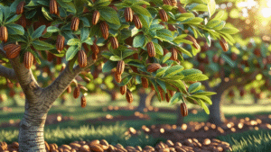"Pecan tree with ripe nuts, showcasing a productive harvest in an orchard."
