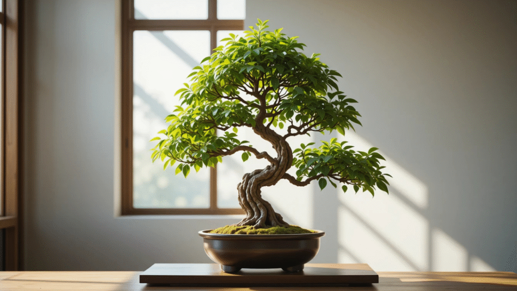 "Ash bonsai tree thriving indoors with green leaves and elegant trunk, placed in a minimalist setting with natural light."