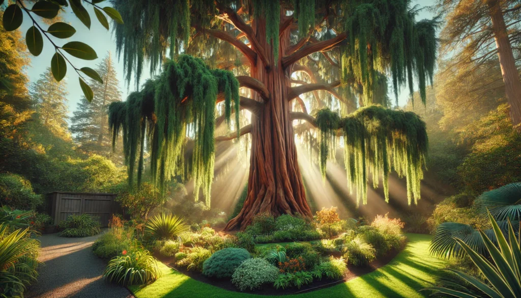 A majestic tree with cascading green foliage stands in a sunlit garden, surrounded by vibrant plants and gentle rays of light.