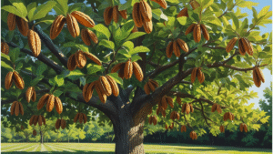 "Healthy Northern Pecan tree with ripe pecans in an orchard under bright sunlight."