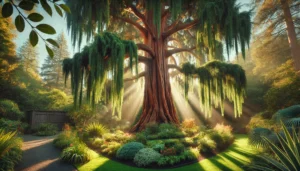 A majestic tree with cascading green foliage stands in a sunlit garden, surrounded by vibrant plants and gentle rays of light.