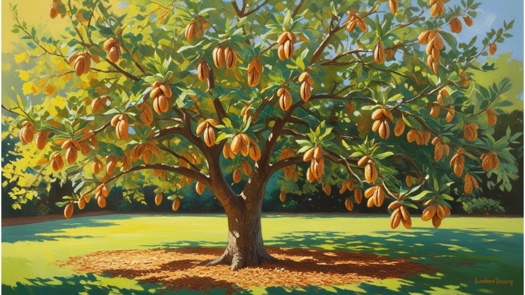 "Candy pecan tree growing in a sunny garden, with visible pecans ready to harvest."