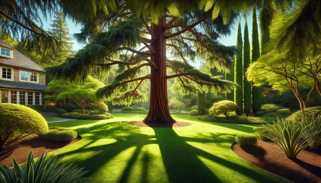 A vibrant garden featuring a majestic tree, lush greenery, and a cozy house, illuminated by warm sunlight and casting intricate shadows.