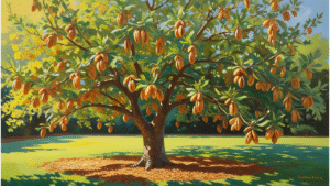 "Candy pecan tree growing in a sunny garden, with visible pecans ready to harvest."