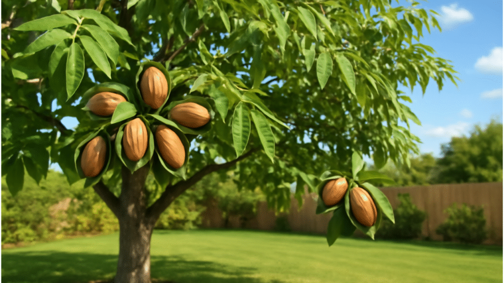 Healthy paper shell pecan tree with ripe pecans in a sunny backyard"