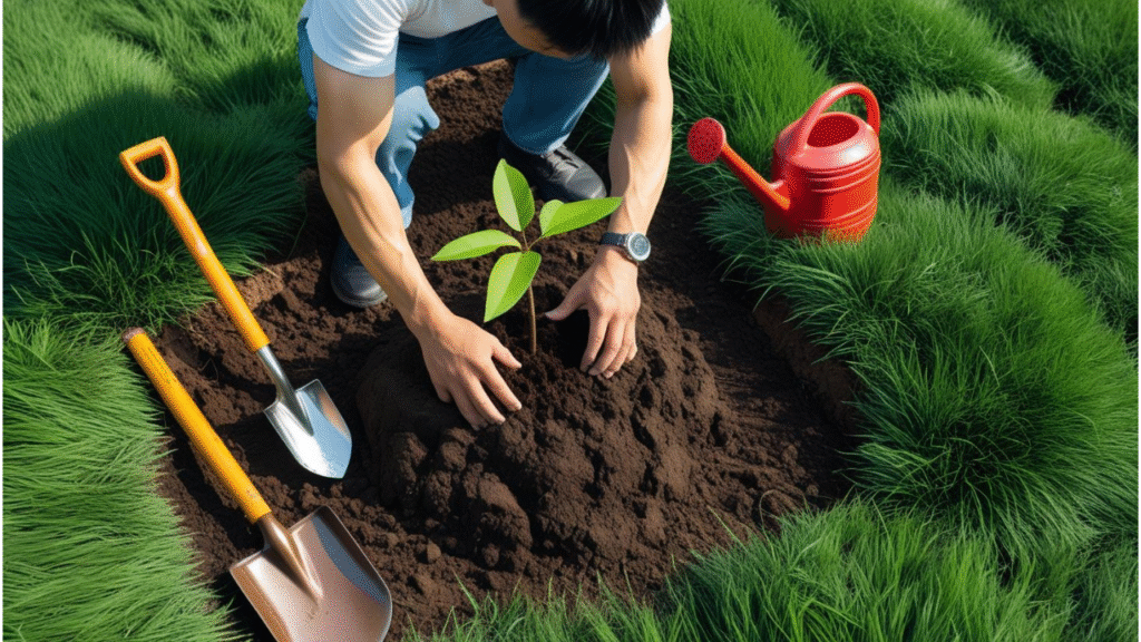Aerial view of a person planting a bare root pecan tree in healthy, well-prepared soil with a shovel and watering can nearby, surrounded by green grass under a bright sky.
