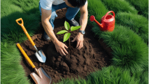 Aerial view of a person planting a bare root pecan tree in healthy, well-prepared soil with a shovel and watering can nearby, surrounded by green grass under a bright sky.