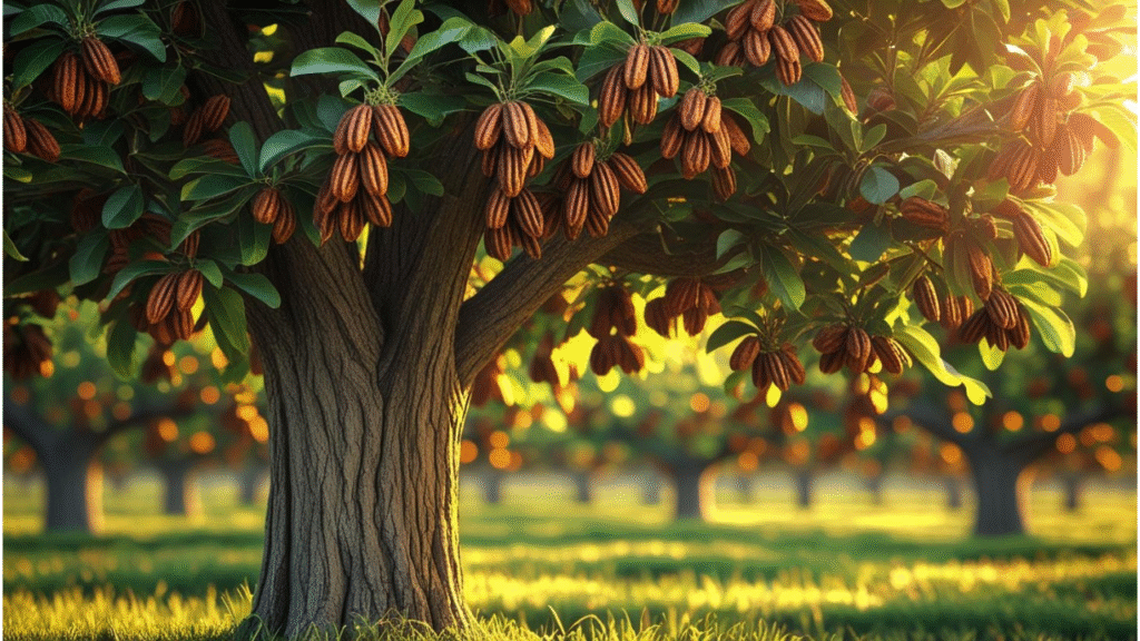 "Lush pecan tree in a sunlit orchard, showcasing ripe pecans ready for harvest and symbolizing the potential of growing pecan trees."