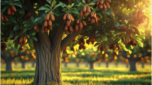 "Lush pecan tree in a sunlit orchard, showcasing ripe pecans ready for harvest and symbolizing the potential of growing pecan trees."