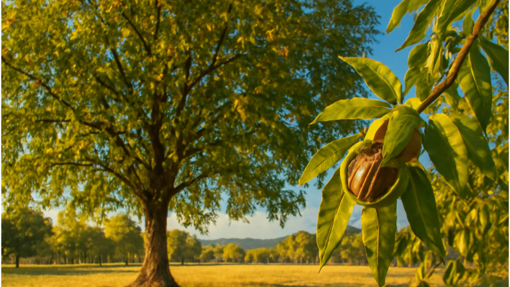 "Mature pecan tree with ripe nuts in a sunny rural landscape, showcasing lush green leaves and split husks under a clear blue sky, highlighting the reward of growing pecans from seed."