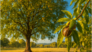 "Mature pecan tree with ripe nuts in a sunny rural landscape, showcasing lush green leaves and split husks under a clear blue sky, highlighting the reward of growing pecans from seed."