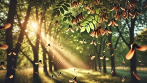 Floating winged seeds from a tree branch drift in the soft sunlight in a lush, peaceful forest. The warm rays illuminate the background, giving the scene a serene, almost magical quality