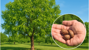 "Healthy pecan tree with ripe nuts in a sunny orchard, showcasing how to fertilize pecan trees for abundant harvests."