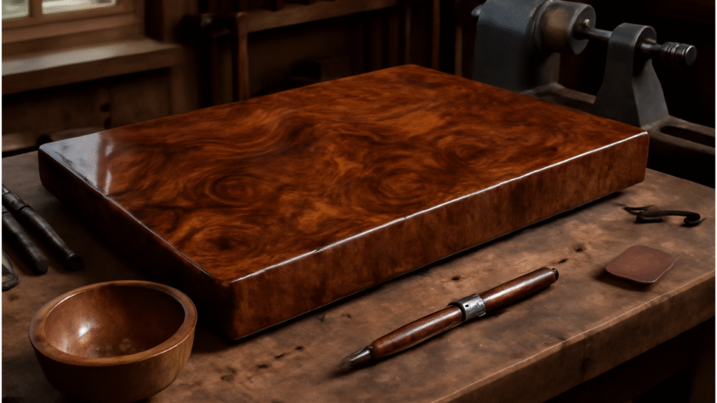 "Polished walnut tree burl slab with swirling grain patterns on a rustic workbench, featuring a partially crafted burl bowl, a pen, and woodworking tools under soft natural light."