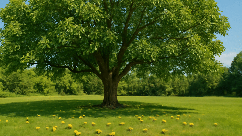 "Mature walnut tree in a sunny yard with nuts scattered on the ground, perfect for landscaping and nut production."