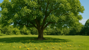 "Mature walnut tree in a sunny yard with nuts scattered on the ground, perfect for landscaping and nut production."