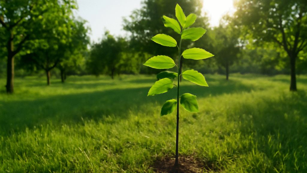 "Young black walnut tree seedling in a green orchard, representing the beginner's guide to growing walnut trees."
