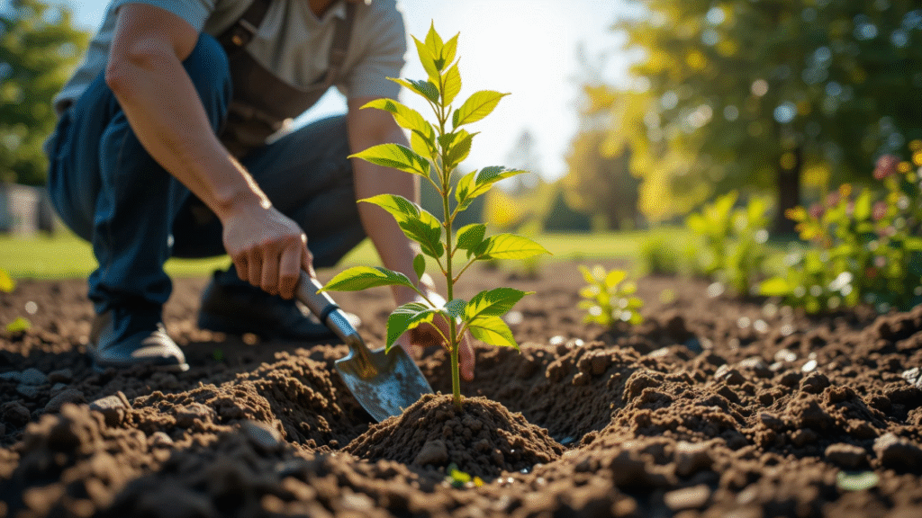 "Ash tree sapling being planted in healthy soil under sunlight, with a gardener kneeling down to plant it."