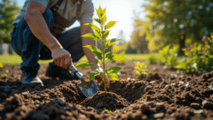 "Ash tree sapling being planted in healthy soil under sunlight, with a gardener kneeling down to plant it."