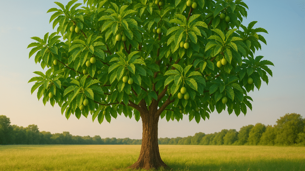 "A healthy walnut tree thriving in a sunny field with visible walnuts on the branches."