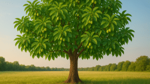 "A healthy walnut tree thriving in a sunny field with visible walnuts on the branches."