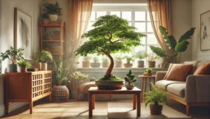 Cozy living room filled with various potted plants, featuring a prominent bonsai tree on a wooden table beside a sofa.