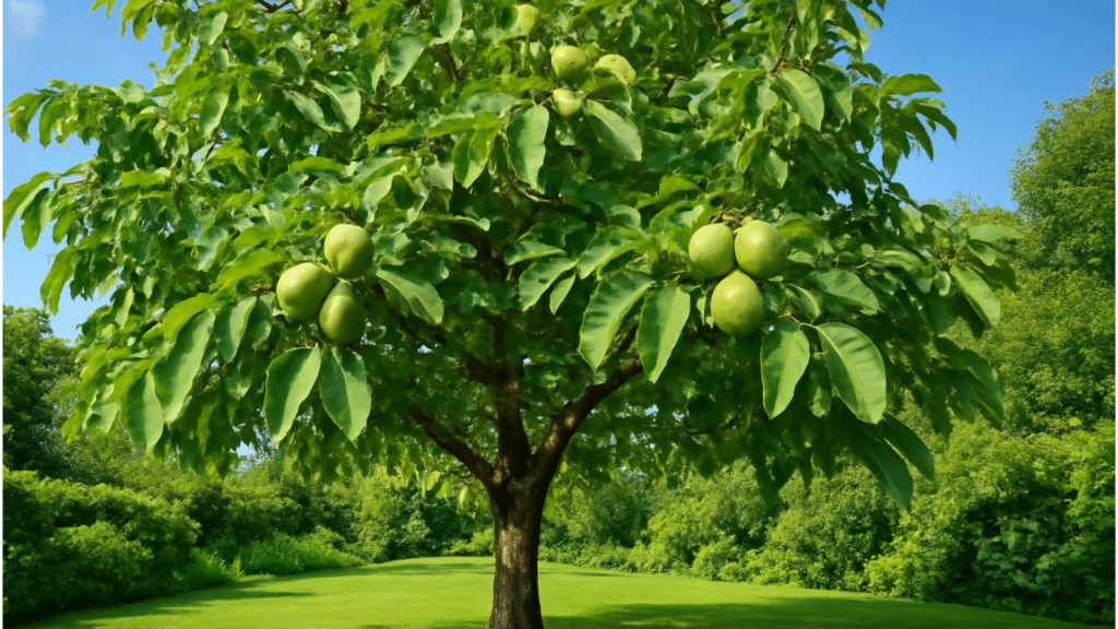 "Walnut tree in a garden with ripe walnuts on its branches, symbolizing the rewarding journey of growing a walnut tree from a nut."