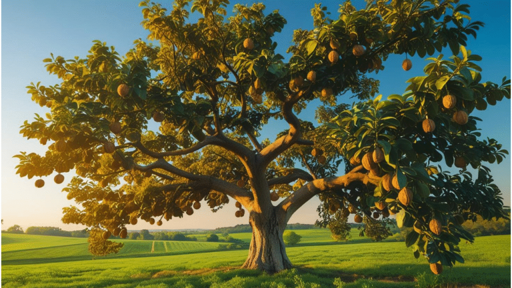 "Walnut tree in full growth with ripe walnuts on branches in a sunny natural landscape."