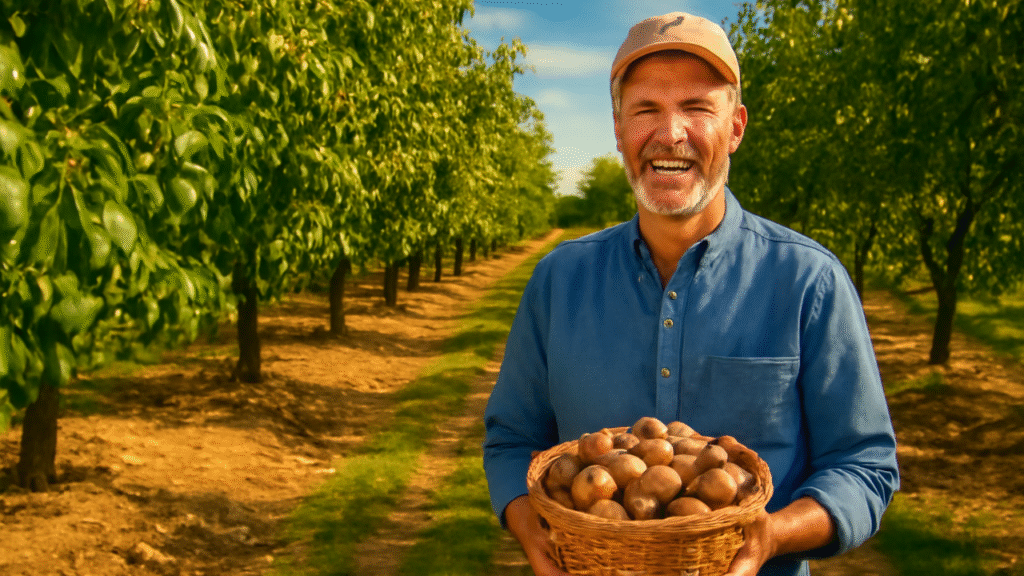 "Lush Chandler walnut orchard with mature trees and grower holding harvested walnuts, introducing ultimate growing guide."