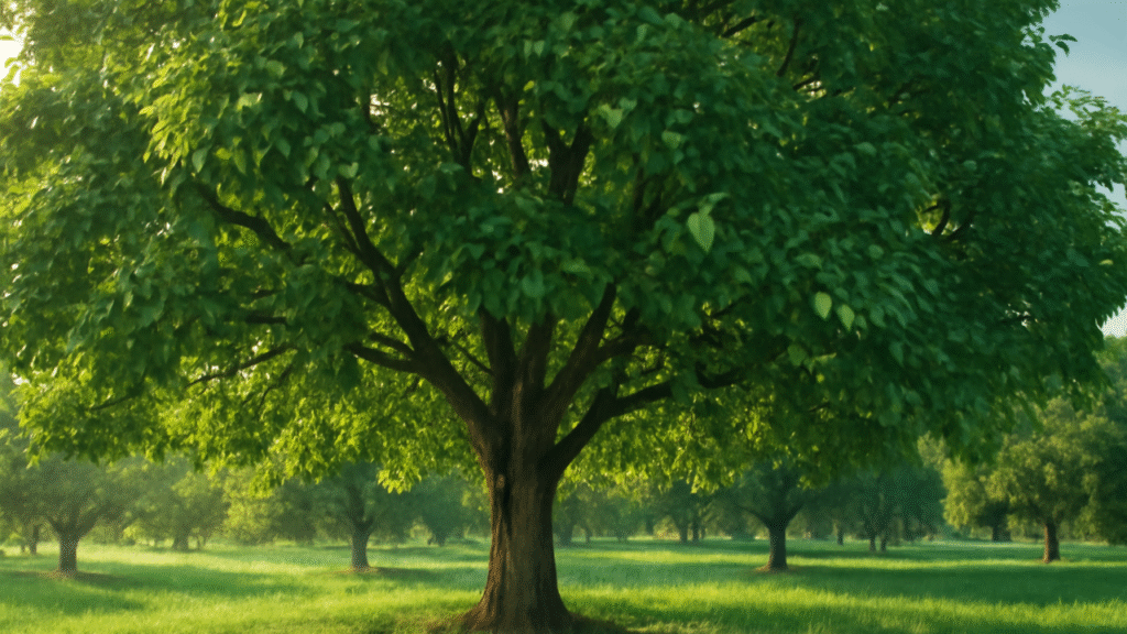 "Mature walnut tree with visible walnuts in an orchard, symbolizing healthy growth and maximizing harvest"