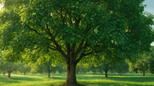 "Mature walnut tree with visible walnuts in an orchard, symbolizing healthy growth and maximizing harvest"