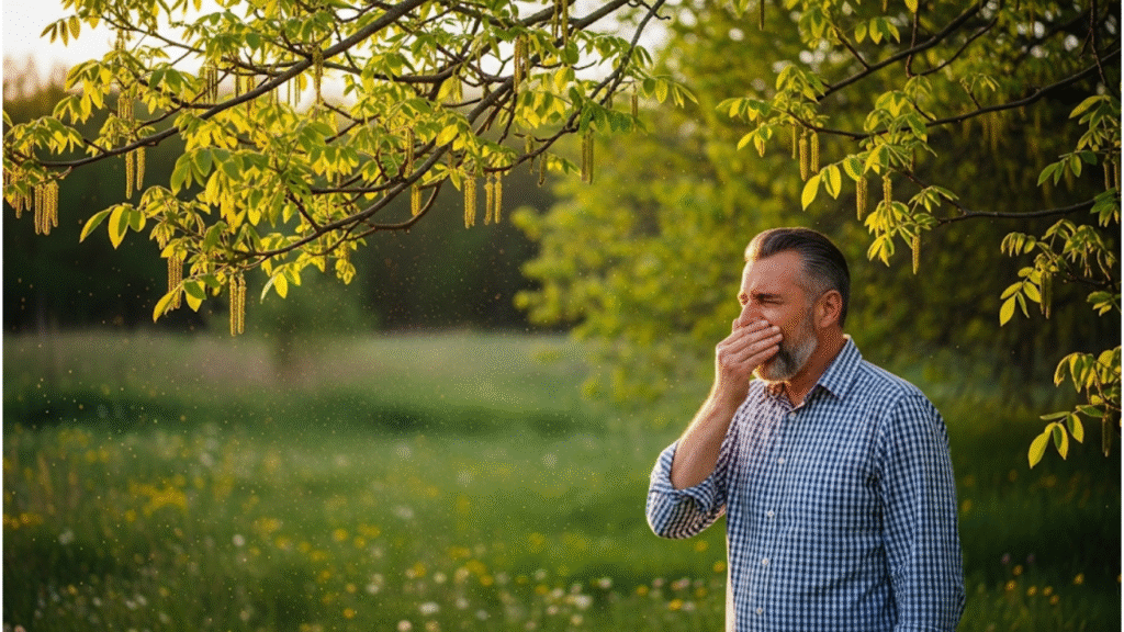 "Spring outdoor scene with blooming walnut tree and person sneezing due to walnut tree allergy."