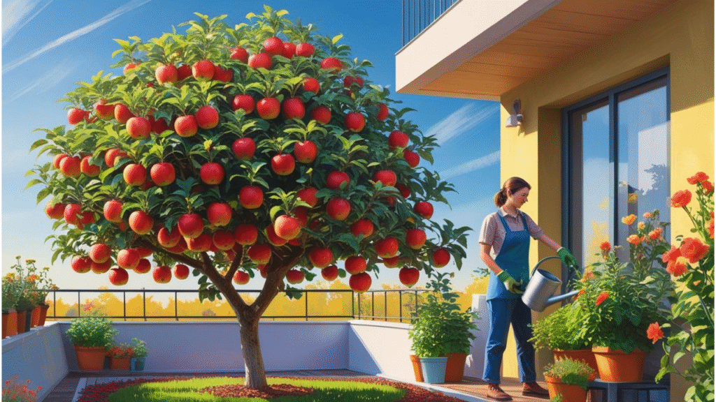 "Healthy dwarf apple tree growing on a small balcony with apples visible, showcasing its compact size and suitability for urban gardening."