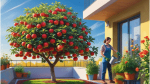 "Healthy dwarf apple tree growing on a small balcony with apples visible, showcasing its compact size and suitability for urban gardening."