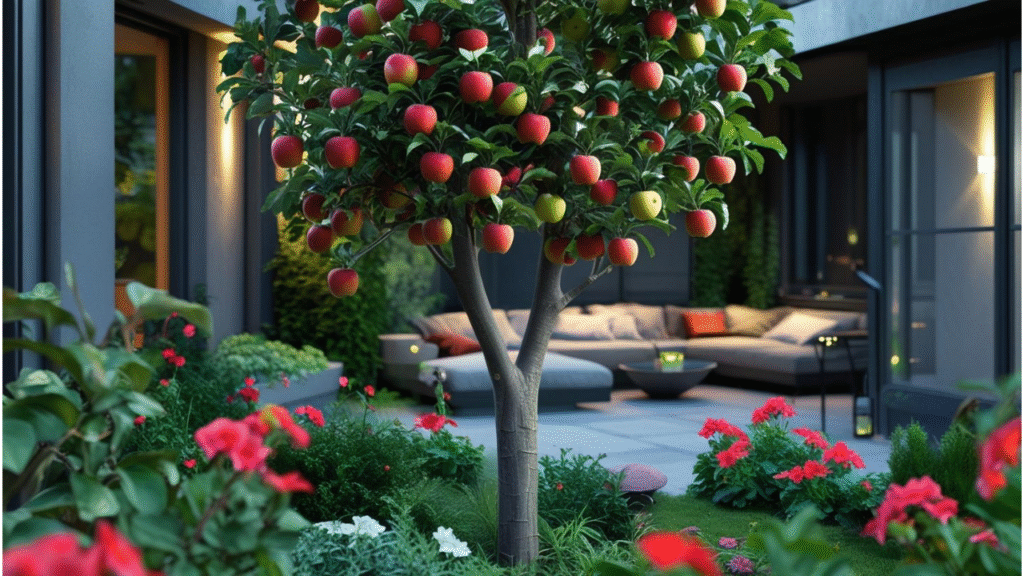 "Columnar apple tree growing in a small urban garden with ripe apples, ideal for limited space gardening."