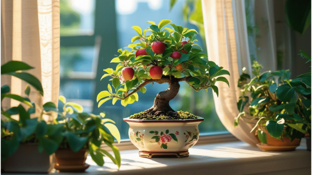 "Vibrant bonsai apple tree on a windowsill with small apples, growing in a compact space."