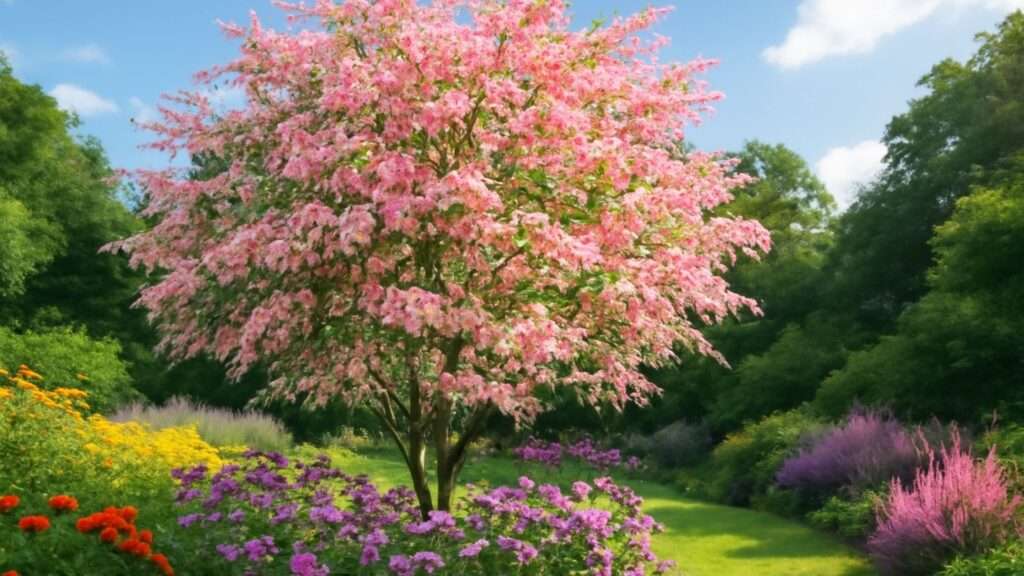 A vibrant pink flowering tree stands in a lush garden surrounded by colorful blooms and greenery under a clear blue sky.