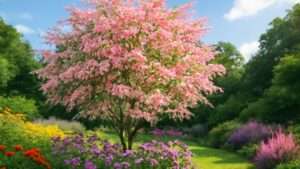 A vibrant pink flowering tree stands in a lush garden surrounded by colorful blooms and greenery under a clear blue sky.