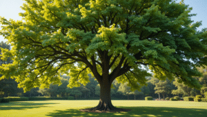 "Shamel Ash tree in a garden, showcasing glossy green leaves and fall yellow hues, providing shade in a sunny outdoor space."