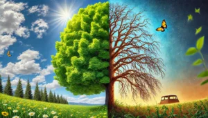 A split image showing vibrant green trees and flowers on one side, and a barren tree with an old car on the other, symbolizing nature's cycles.