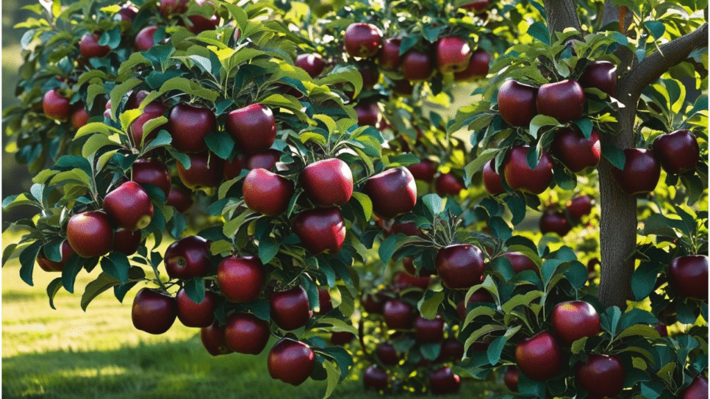 "A healthy Arkansas Black apple tree bearing dark red apples in a vibrant garden, symbolizing successful tree growth and harvest."