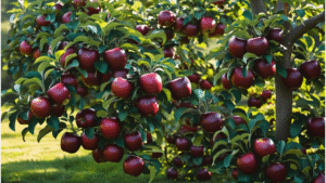 "A healthy Arkansas Black apple tree bearing dark red apples in a vibrant garden, symbolizing successful tree growth and harvest."